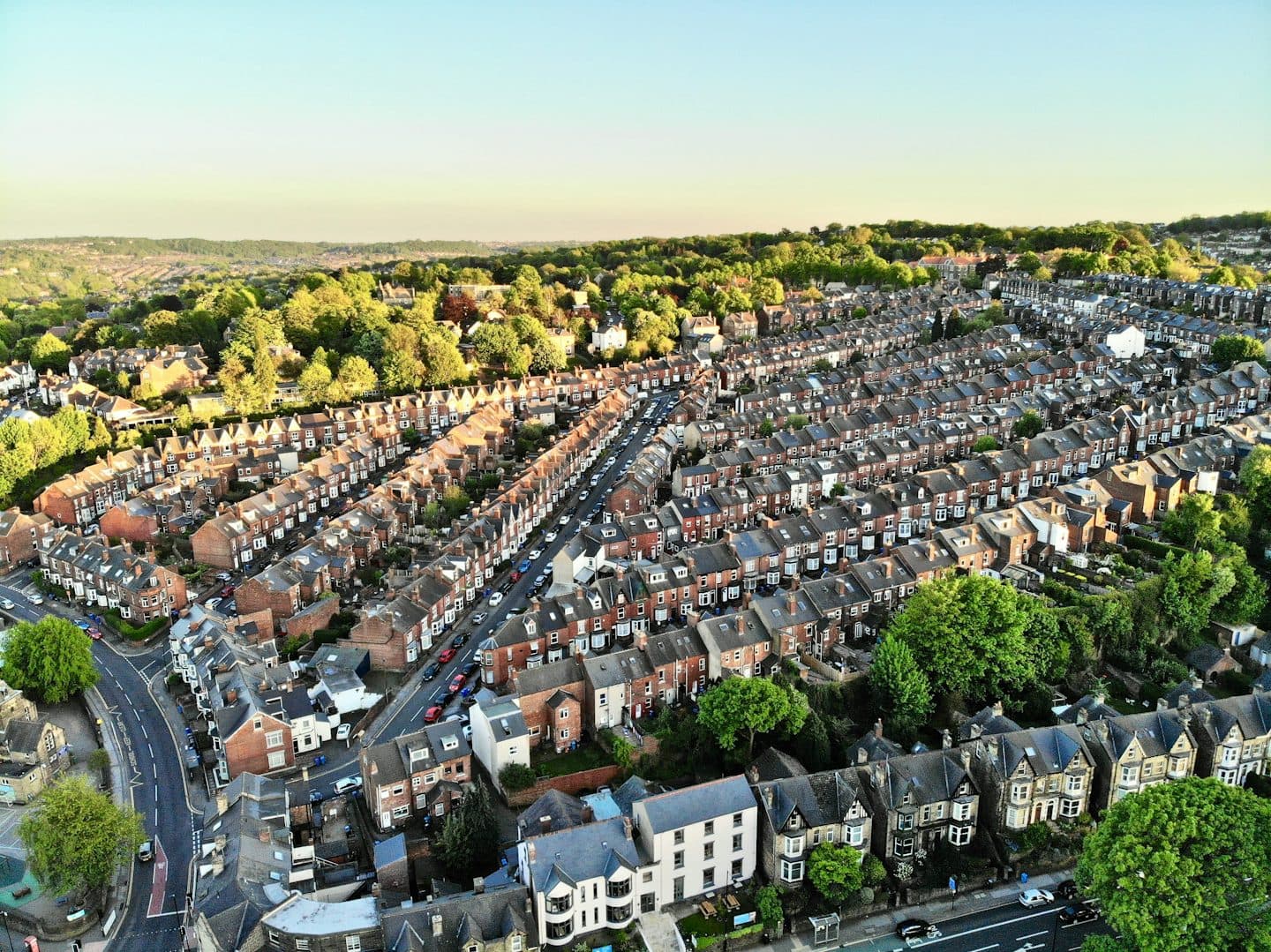 Aerial view of UK terraced houses and streets
